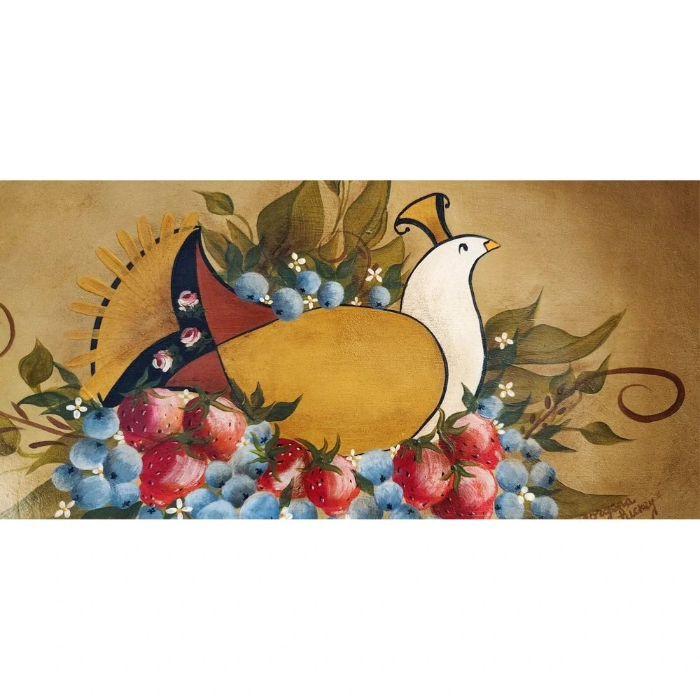 Vintage Handpainted Wooden Partridge Dove Folk Art Tray Bowl Wall Hanging Signed